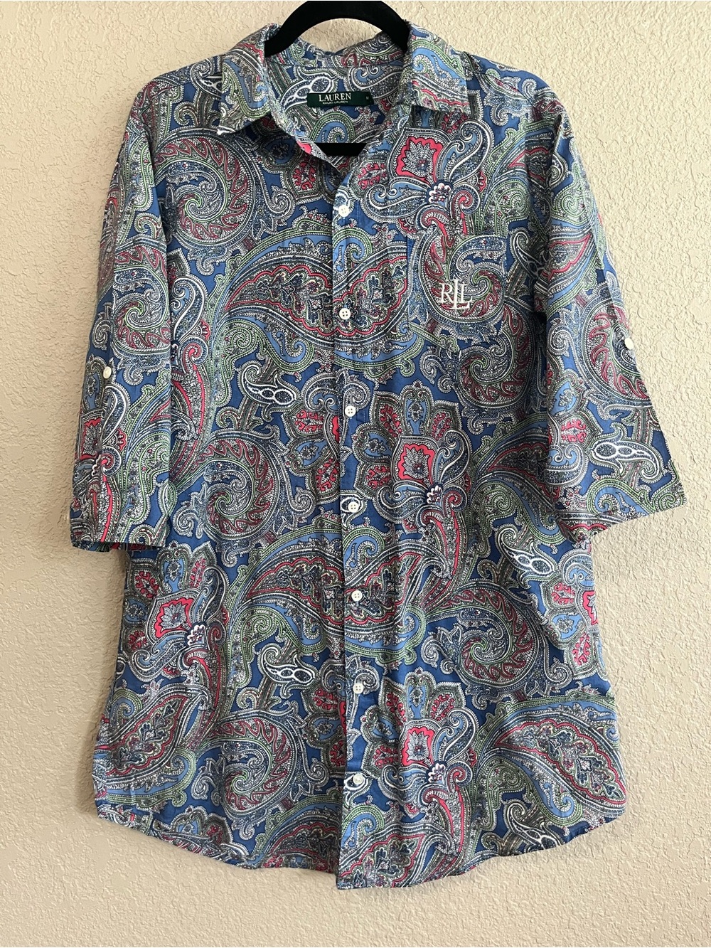 Lauren Ralph Lauren Paisley Roll-Tab Sleeve Cotton Shirt Size Medium